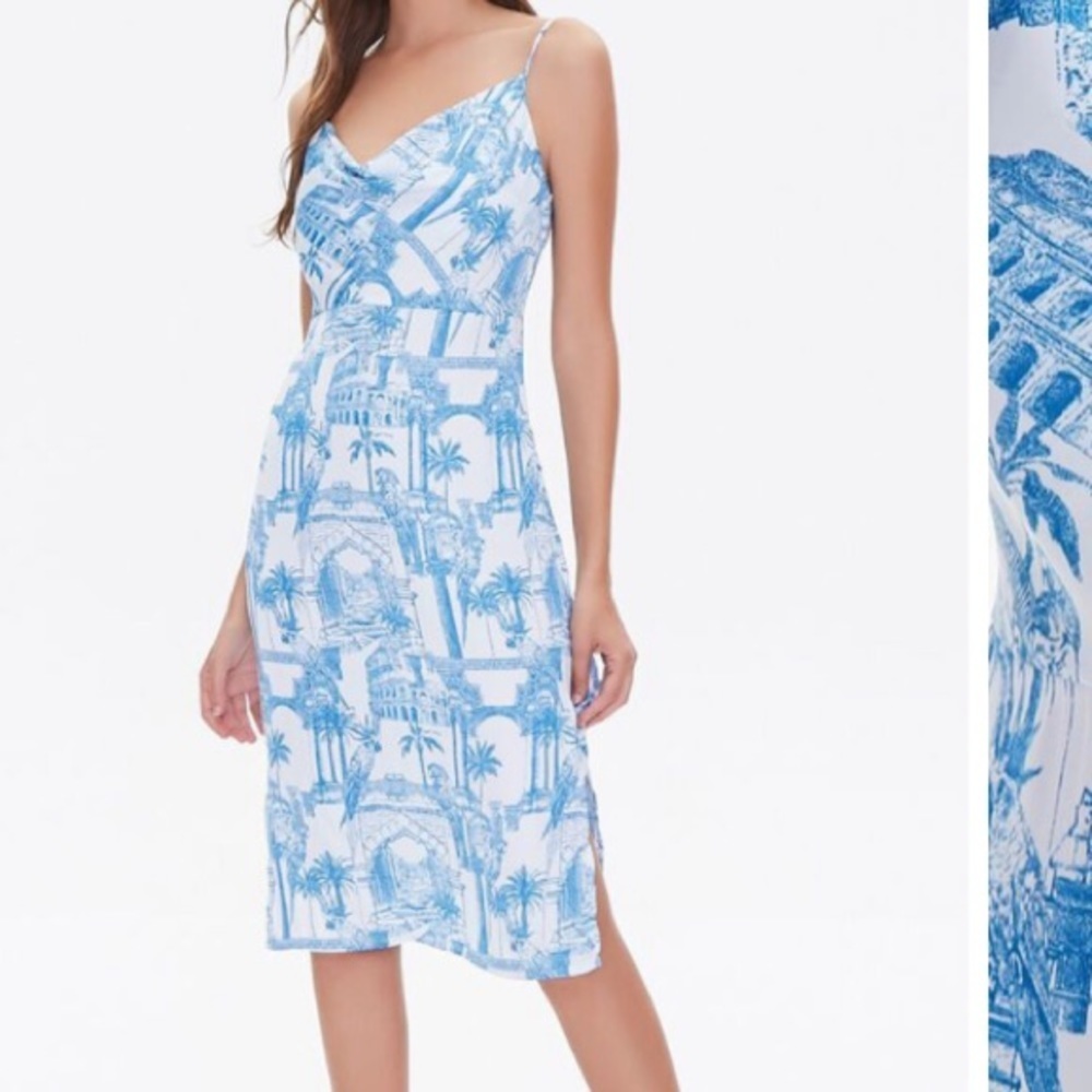 Forever 21 Bird Palm Tree City Print Cowl Neck Dress Size M